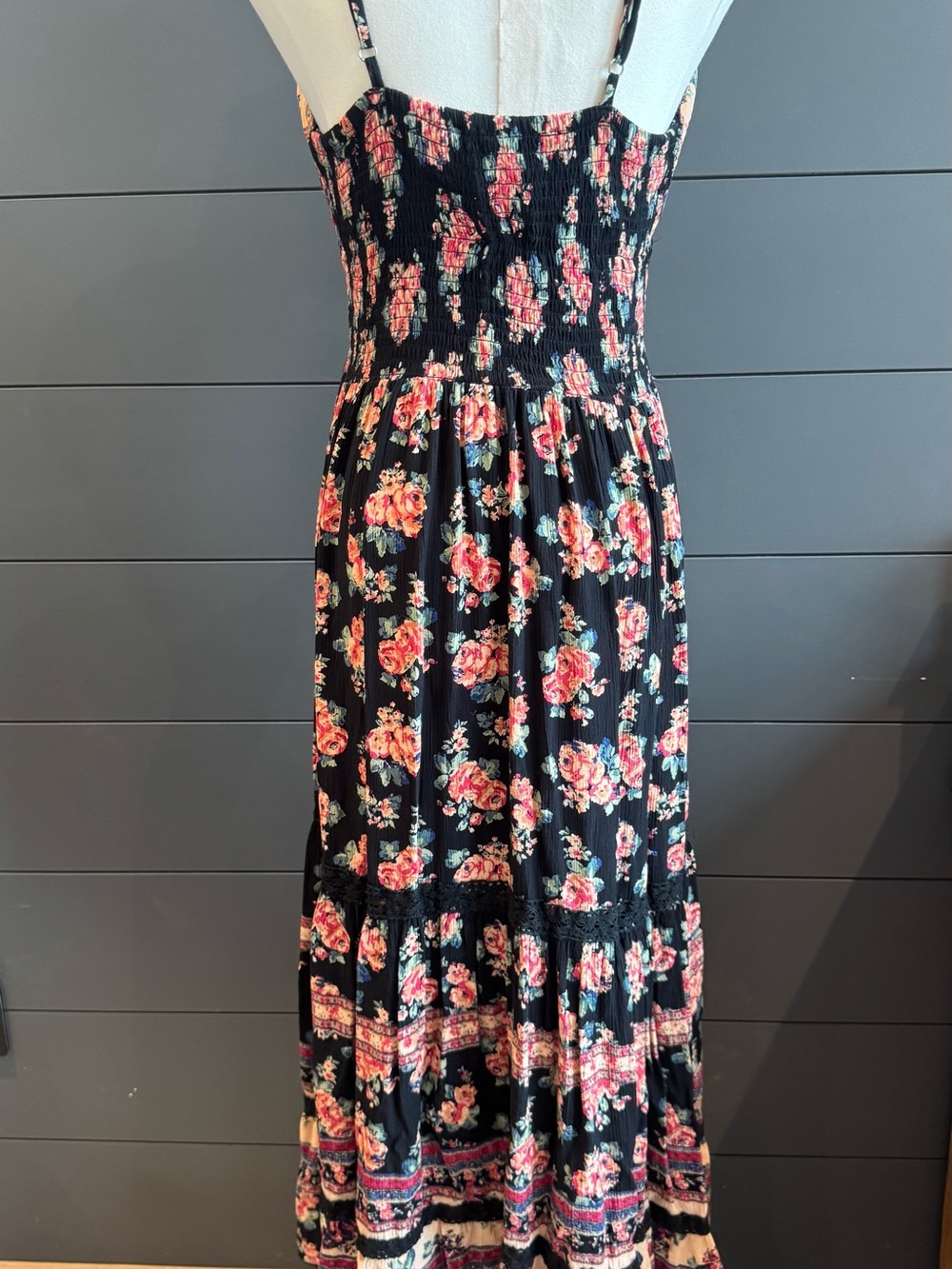 Angie Black Romantic Boho Prairie Western Dress with Pink Floral Print Summer - Picture 9 of 9
